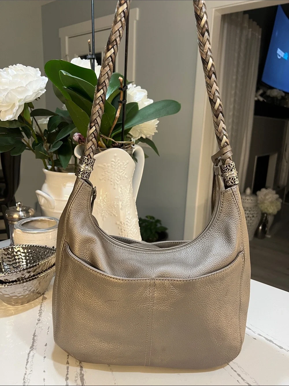 Brighton Metallic Taupe Pewter Leather Shoulder Bag with Braided Strap